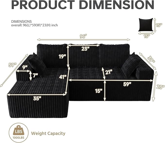 96 Cloud Sectional Couch with L-Shape Chaise4 Seat Modern Modular Sofa with Side Pockets Fluffy Upholstered Couches for Living Room Bedroom Memory Foam Corduroy Boneless CouchNo Assembly Required