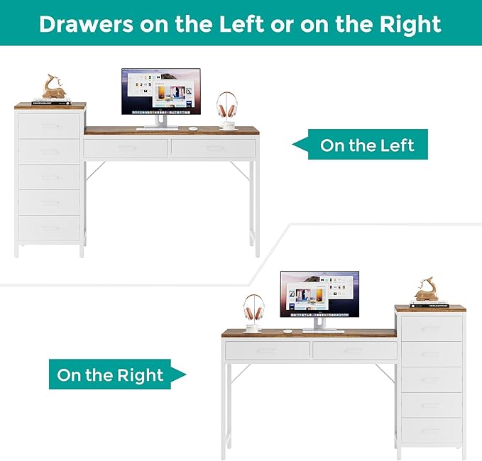 Computer Desk with Reversible Drawer 55 inch Home Office Desks with 7 Drawers Modern Compact Study Writing Table Workstation with Storage for Small Spaces Light Brown and White