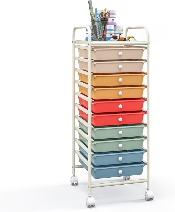 Giantex 10-Drawer Rolling Storage Cart w/Wheels Handle Removable Drawers Mobile Organizer Storage Unit Trolley Utility Cart for Home Kitchen Makeup Living Room Office Play Room