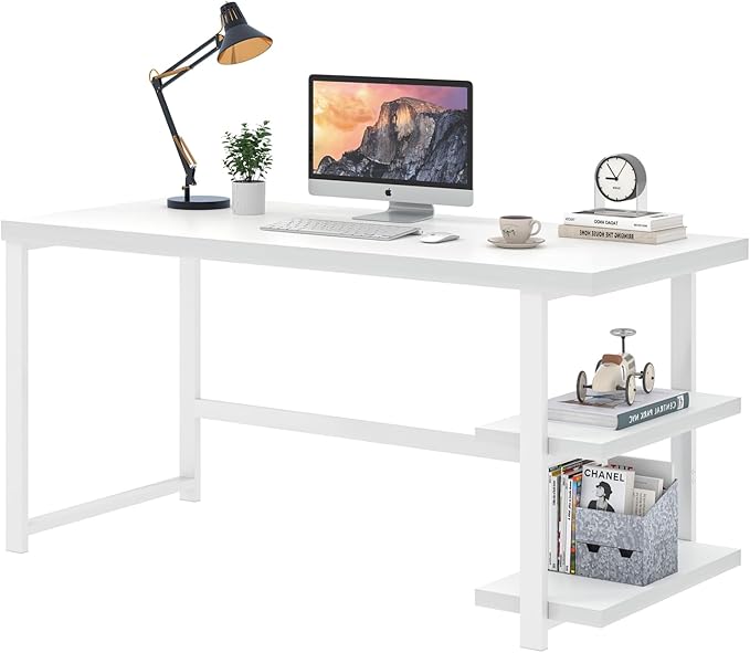EXCEFUR White Computer Desk Modern Home Office Desk with Storage Shelf Wood and Metal Writing Study Table for Living Room Bedroom 53 Inch