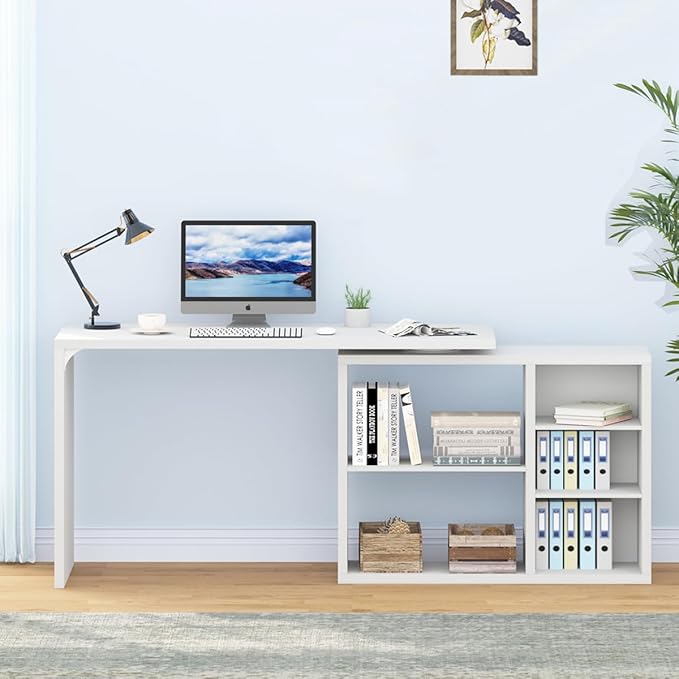 HSH White L Shaped Desk with Shelf Reversible Modern Home Office Desk Workstation L Shape Computer Desk with Storage Cabinet Drawer Industrial Wood Corner Table for Work Study Writing Gaming 55 In