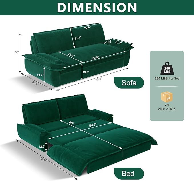 73.2 Queen Size Sofa Bed 3 in 1 Convertible Pull Out Sleeper Sofa with Thicked Cushions and Side Storage Velvet Loveseat Couch for Home Living Room Bedroom Apartment Lounge Small Spaces Green