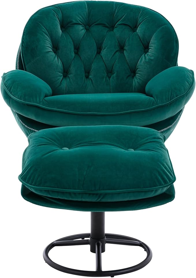 i-POOK Velvet Swivel Chair with Matching Swivel Ottoman Modern Upholstered Accent Chair with Round Black Metal Base and Backrest for Bedroom Living Room and Apartment Green