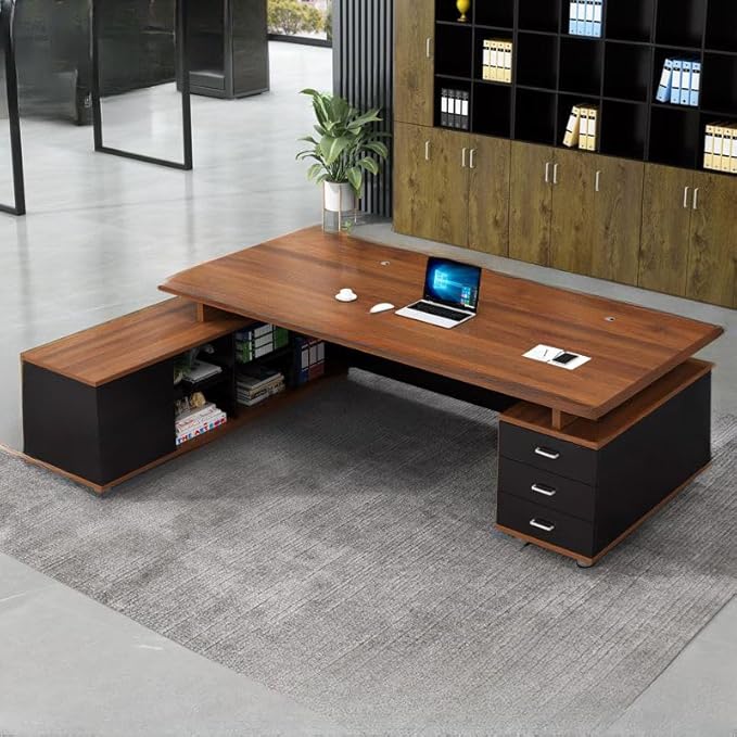 RUNNUP L-Shaped Executive Desk Contemporary Office Desk with Drawers and Cable Management Long Home Writing Desk Dark Brown 63 L x 47 W x 31.5 H Table Only