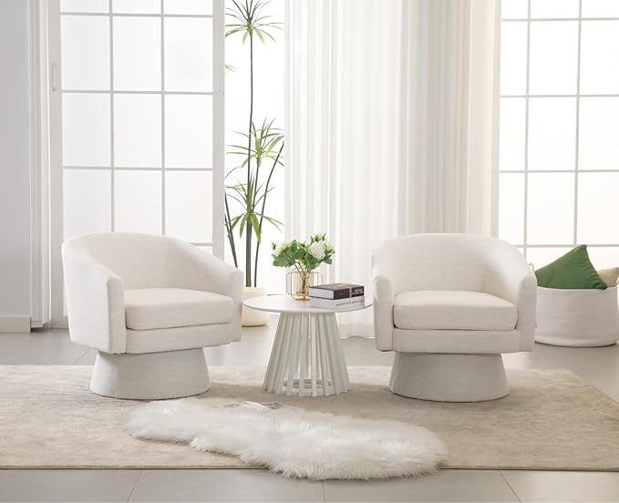Linen Swivel Accent Chairs Set of 2 Beige Barrel Arm Chair Round Cozy Upholstered Reading Chair Modern Comfy Fabric Single Sofa Chair for Living Room/Bedroom