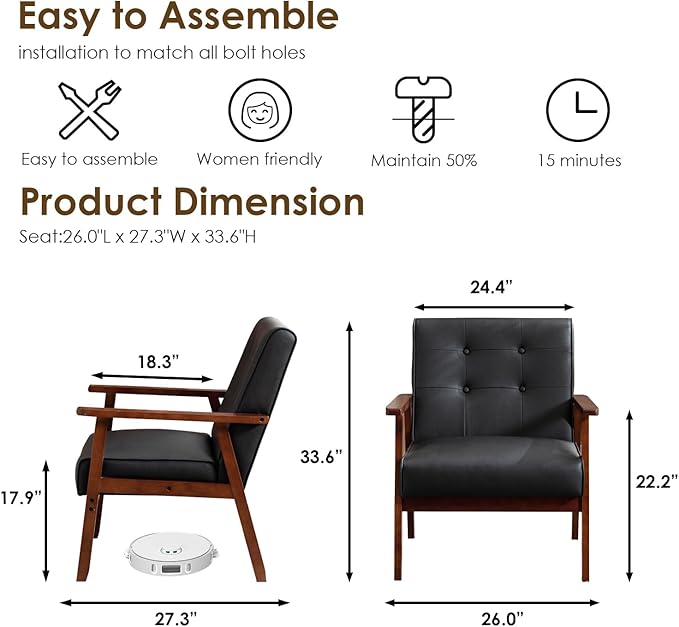 STHOUYN Accent Chair Black Leather Chair with Wood Frame Upholstered Tufted Comfy Reading Arm Chair Mid-Century Modern Living Room Chair Side Chairs for Living Room Waiting Room Office (1)