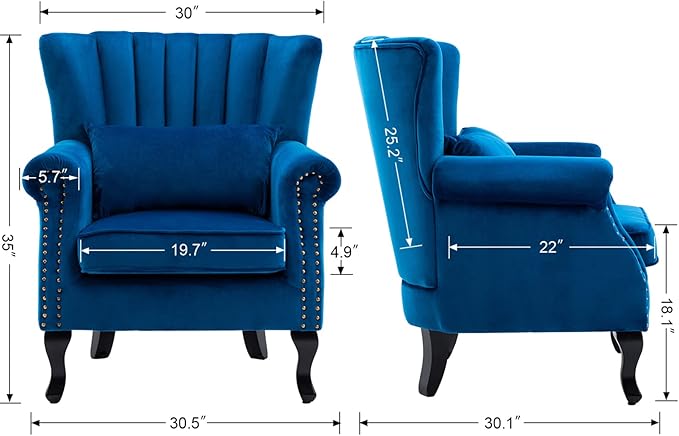 Kmax Blue Accent Chair Velvet Wingback Chair with Pillow Nail-Head Channel Tufted Oversized Club Chair for Living Room Bedroom Guest Room