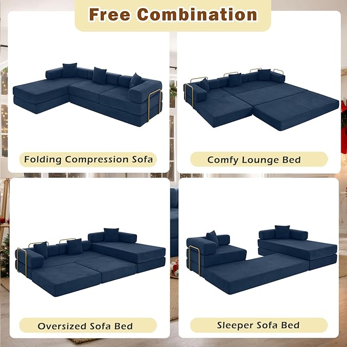 108 W Corduroy Modular Cloud Couch with Fixed-Shape Frame Oversized L-Shaped Sectional Sleeper Sofa Bed with Pull Out Bed No Assembly Modern Floor Boneless Couch for Living Room (Blue)