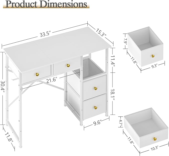 Small Computer Desk with 4 Fabric Drawers Simple Writing Desk for Home Office Compact Study Desks for Small Spaces Kids Desk Study for Bedroom White