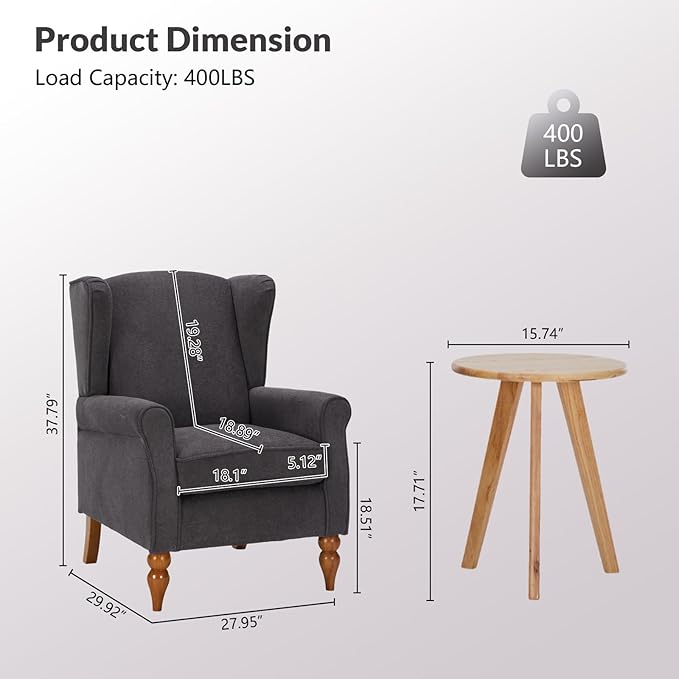 Rovibek High Wingback Chairs with Table - Midcentury Modern Accent Chair for Living Room Upholstered Armchair with Solid Legs Grey Living Room Chairs for Living Room Bedroom Balcony
