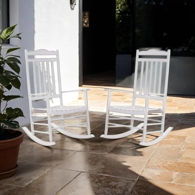 Outdoor Patio Wooden Rocking Chairs Set 2 Piece Furniture Comfy Rockers for Adults Porch Lawn Room Outside Indoor White