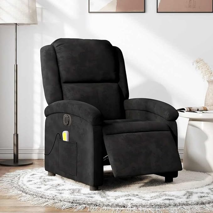 vidaXL Electric Massage Recliner Chair - Wingback Black Velvet Armchair with Vibration Function &amp Motorized Recline for Living Room/Bedroom