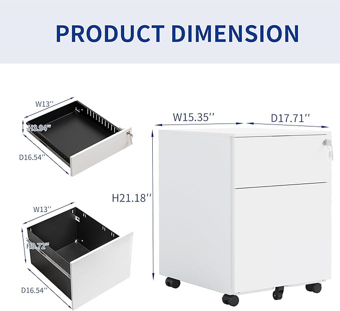2 Drawer File Cabinet with Lock &amp Wheels Under Desk Metal Filing Cabinet Steel Small Rolling File Cabinet with 2 Keys for Letter/Legal/A4 Size Fully Assembled Except Wheels (White)