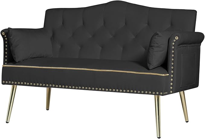 KEIKI 55 Velvet Loveseats Sleeper Sofa with 2 Arm Pocket and 4 Solid Metal Legs Modern Style 2-Seater Couch with Tufted Back and Seat Easy Assembly for Apartment Living Room and Bedroom Black