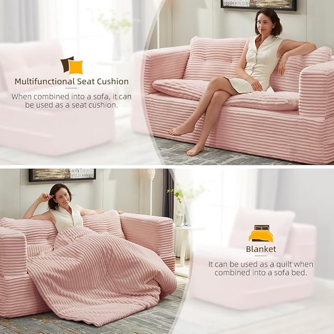 Folding Convertible Sectional Sofa Bed Corduroy Floor Couch Loveseat Lounge Chaise for Office Apartment80 King Size BedBaby Pink