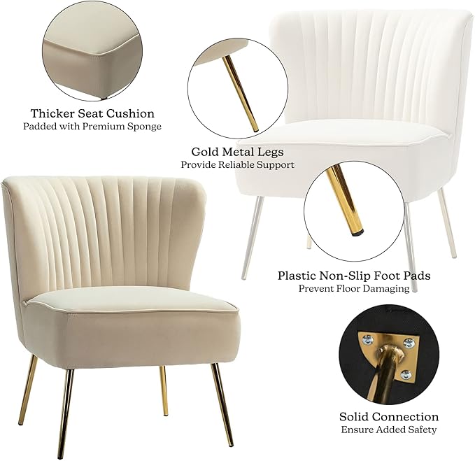 HULALA HOME Velvet Accent Chair Modern Upholstered Cute Side Chair with Gold Metal Legs Armless Wingback Slipper Chair Comfy Living Room Chair for Bedroom Guest Room Vanity TAN