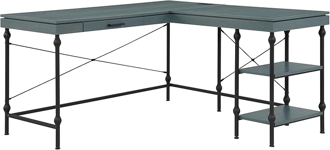 24/7 Shop at Home Monier Farmhouse Metal 2 Shelves Corner Computer Desk with USB Port Power Outlet 1 Drawer for Workstation Home Office Study Room Antique Blue