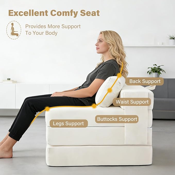 Tiita Folding Sofa Bed Chair 4-Fold Convertible Sleeper Chair with Lumbar Pillow Washable Cover &amp Side Pocket Floor Couch Bed with Raised Seat Single Size for Small Spaces Beige