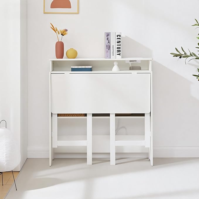 Folding Desk with Charging StationFold Out Desk with Monitor StandStorage ShelfSmall Foldable Computer Desk for Compact Home Office Spaces (White)