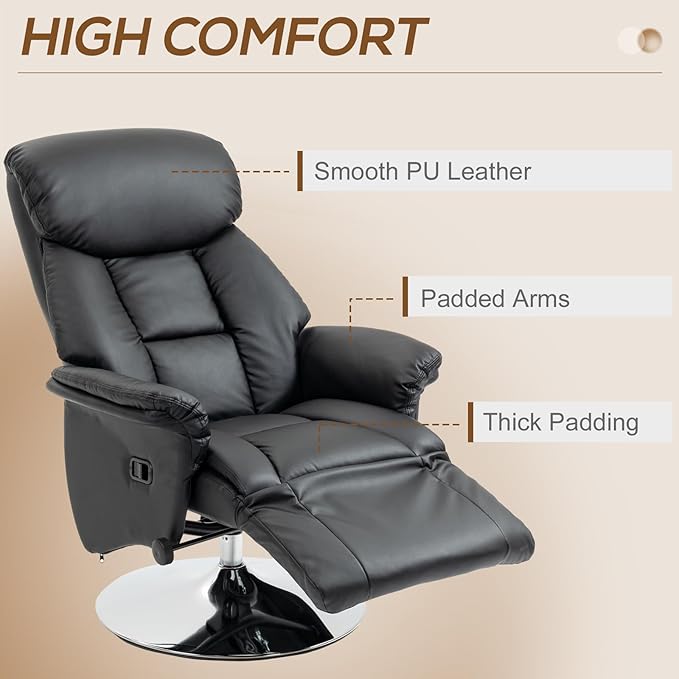 HOMCOM Swivel Recliner Chair PU Leather Reclining Chair with Retractable Footrest Padded Arms for Living Room -Black