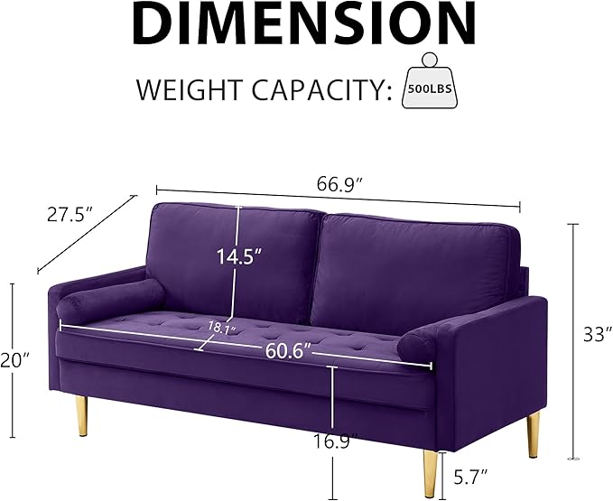 SZLIZCCC 67 LoveSeat Sofa Love Seat Couch Mid Century Modern Couchs Velvet Fabric Pull Dot Design Sofas with Two Round Pillows for Small Spaces Living Room Dorm Bedroom Apartment (67-Purple)