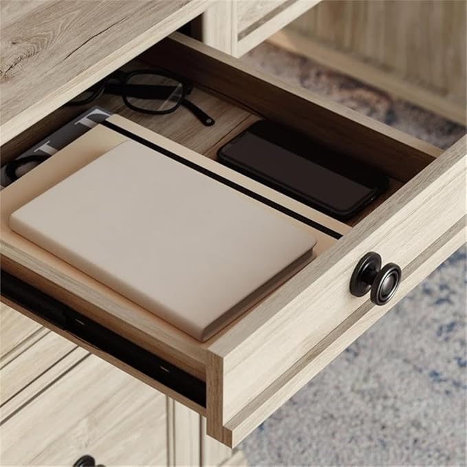 Pemberly Row Executive Desk Engineered Wood Chalk Oak Finish 1 Thick Top Double Pedestal with Storage Drawers Solid Wood Feet Home Office Desk with Grommet Holes for Organized Workspace
