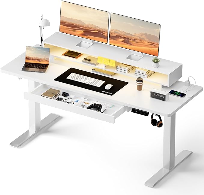 GTPLAYER Electric Standing Desk with Drawers 55 x 24 Inch Height Adjustable Gaming Desk with Monitor Stand Power Outlets &amp LED Lights Home Office Sit Stand Up Desk with Memory Preset (White)