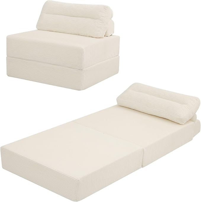 MeMoreCool Folding Sofa Bed – Convertible Sleeper Chair with Pillow Beige 31.5″ × 70.1″ Shredded Foam Lounge Chair for Living Room Bedroom Small Spaces | Headrest &amp Lumbar Support Corded Fabr