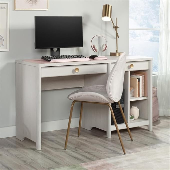 Pemberly Row Contemporary Engineered Wood Desk Glacier Oak Finish Spacious Work Surface 2 Drawers with Metal Runners Adjustable Shelf CPU Tower Storage Rounded Corners Home Office or Bedroom