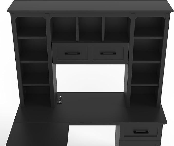 Bellemave L-Shaped Computer Desk with Drawers Hutch and Bookshelf Home Office Desk Corner Gaming Computer Desk with Power Outlet Study Table Writing Desk Black