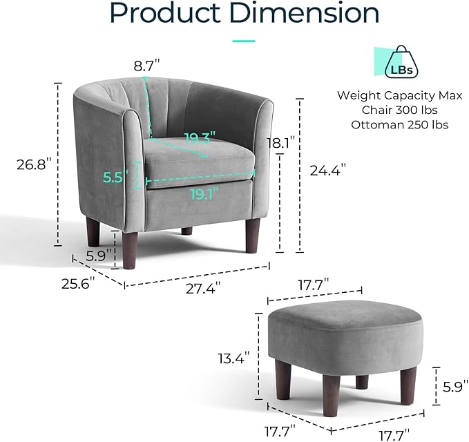 LINSY Accent Chair with Ottoman Modern Barrel Chair Comfy Armchair Reading Chair with Footrest Round Arms Chair for Living Room Bedroom Reading Room Velvet Light Grey