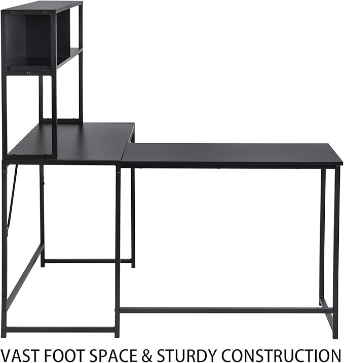 Industrial L-Shaped Desk with Hutch Reversible Corner Computer Desk with Storage Shelves Home Office Study Writing Desk Computer Workstation with Storage Bookshelf Black