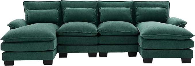 U Shape Sectional Sofa Cloud Couch 107.9 Modern Chenille Comfy Modular Sofa 4 Seat Upholstery Sleeper Sofa with Double Chaise for Living Room Emerald Green
