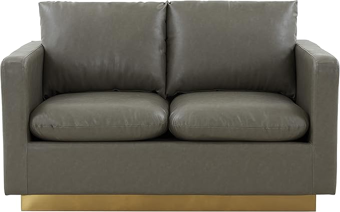 LeisureMod Nervo Modern Upholstered Leather Loveseat Sofa 2-Seater Living Room Couch with Gold Metal Base and Removable Cushions Small Space Furniture for Living Room Office Waiting Area Grey