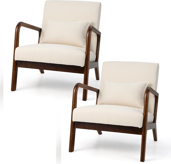 GORELAX Mid Century Modern Accent Chair Upholstered Lounge Armchair with Wood Frame &amp Lumbar Pillow Comfy Reading Chair for Living Room Bedroom Office (2 Beige)