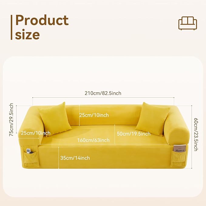 83 Boneless Couch 3 Seater Sofa with 2 Matching Pillows Compact Corduroy Couches for Living Room Side Storage Pockets Floor Sofa with Removable Armrests No Assembly Required Yellow