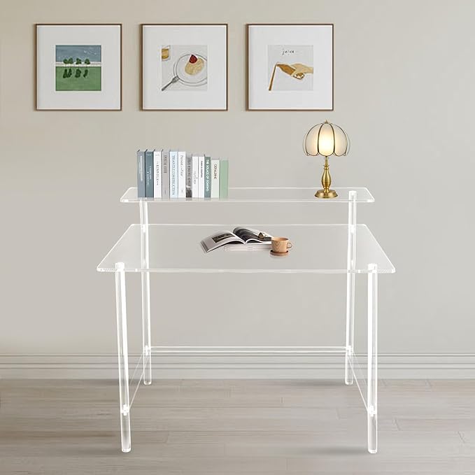 Clear Acrylic 2 Tier Freestanding Desk Clear Desk w/31.5x19.69in Desktop 34.65in Height 88lbs Load Capacity Modern Rectangular Computer/Writing Desk for Home &amp Office