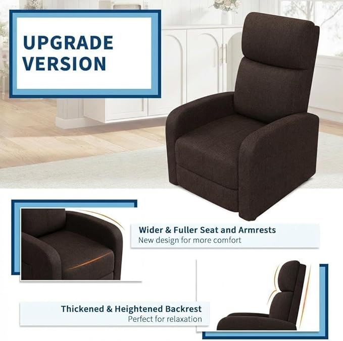 Manual Recliner Chair for Adults Lazy Recliner Linen Fabric Ergonomic Single Sofa with Side Pocket Adjustable Push Back Wide Arms &amp Padded Seat Lounge Chair for Living Room Home Theater Brown