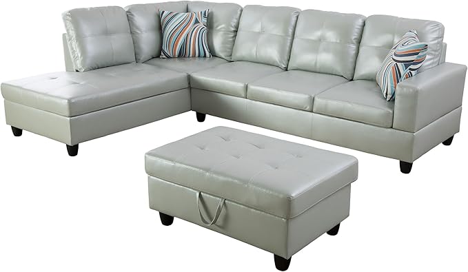 L Shaped Couch PU Leather Sectional Couches for Living Room 3 Pieces Modular Sectional Sofa with Chaise Ottoman with Storage for Living Room and Small Apartment Silver Green