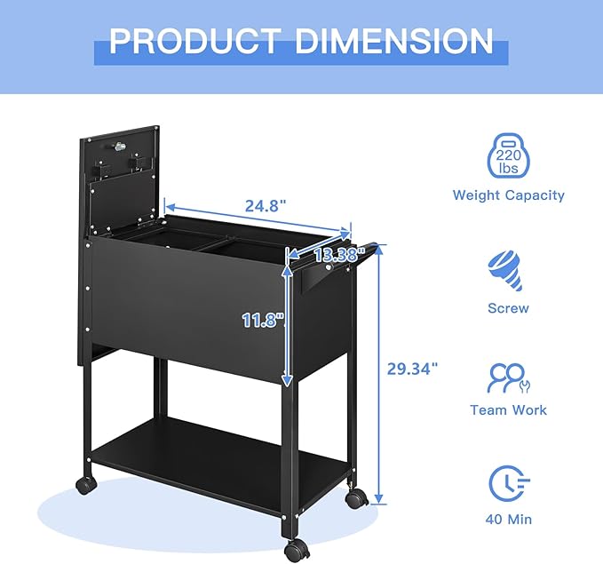 Yizosh Metal Rolling File Storage Cart with Wheels Mobile File Cabinet with Lock Filing Cabinet Organizer for Legal/A4 (Black)