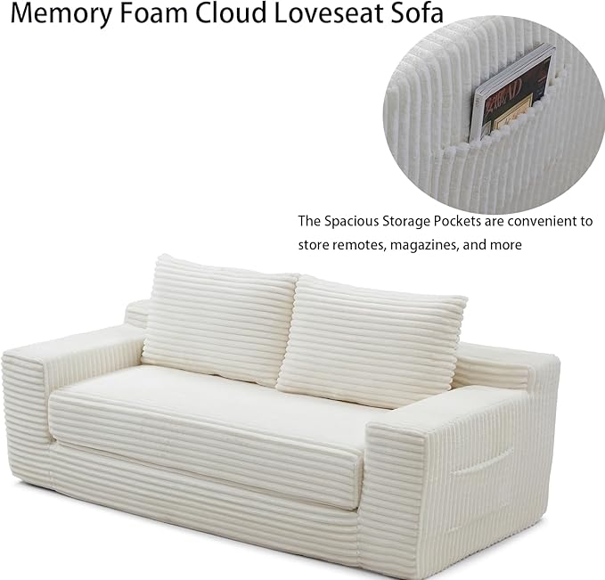 73 Memory Foam Cloud Loveseat Sofa 2 in 1 Convertible Folding Couch Bed Compressed Corduroy Floor Lounge Sofa No Assembly for Apartment Office Bedroom Living Room (Beige)