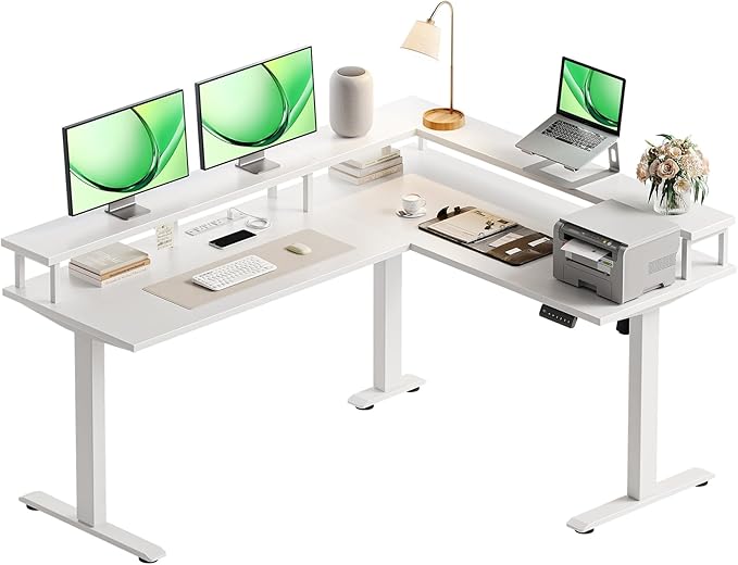 AODK Electric L Shaped Standing Desk 59 Inch Height Adjustable Stand Up Desk with Power Outlets ＆ Full Monitor Stand Reversible Corner Desk for Home Office ＆ Computer Workstation White