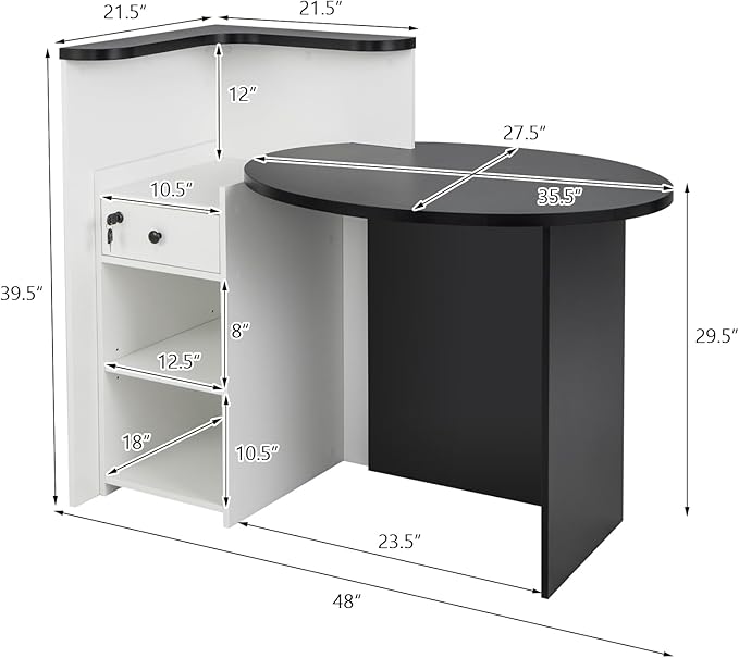 MAT EXPERT Reception Desk Front Desk with Open Shelves Lockable Drawer Round Tabletop Checkout Counter Retail Counter Computer Workstation for Office (White Cabinet &amp Black Desktop)