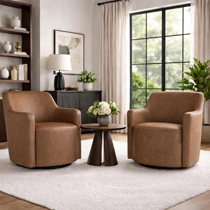 Homepop Home Décor Upholstered 360° Barrel Back Swivel Chair | Accent Chairs for Living Room &amp Bedroom | Decorative Home Furniture Cognac Faux Leather
