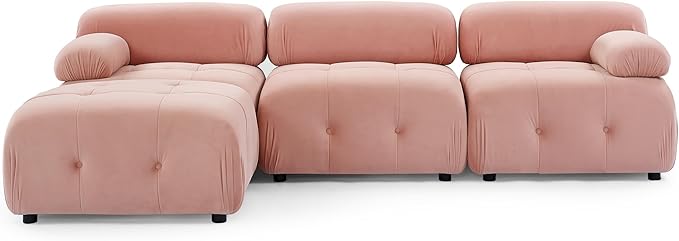 Bellemave L-Shape Sofa Couch Modular Sectional Sofa with Reversible Ottoman Velvet Upholstered Free Comnination Couch with Button Tufted Design Modern Oversized Couch for Living Room (Pink)