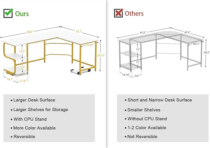 Teraves Reversible L Shaped Desk with Large Surface 69 Inch Sturdy Corner Desk with Storage Shelves Premium Office Computer Desk Workstation for Home Office Gaming