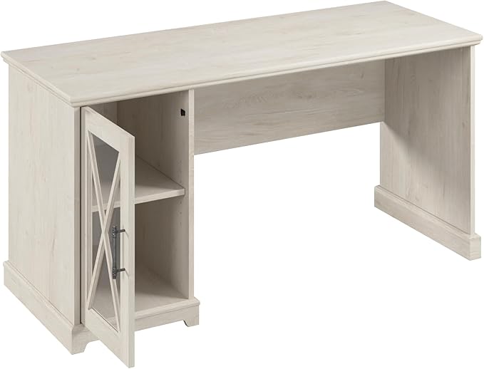 Bush Furniture Lennox 60W Farmhouse Desk with Storage Cabinet in Linen White Oak | Computer Table for Home Office Workspace