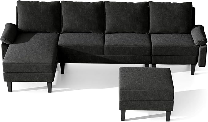 Sectional Couches for Living Room Furniture Sets 4 Seat L Shaped Couches with Ottoman Modular Sectional Sofa for Apartment Furniture Sets Linen Black