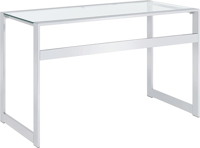 Coaster Home Furnishings – Hartford – Metal &amp Glass – 47-Inch Rectangular Glass Top Writing Desk with Contemporary Style and Plastic Glides – Home Office &amp Living Room – Chrome - 800746