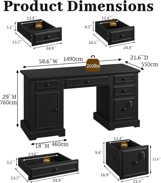 Vipbear 59 Executive Desk Farmhouse Computer Desk with Drawers Lockable File Drawer Storage Cabinet &amp Power Outlet Rustic Home Office Desks Workspace for Work Study Writing Black